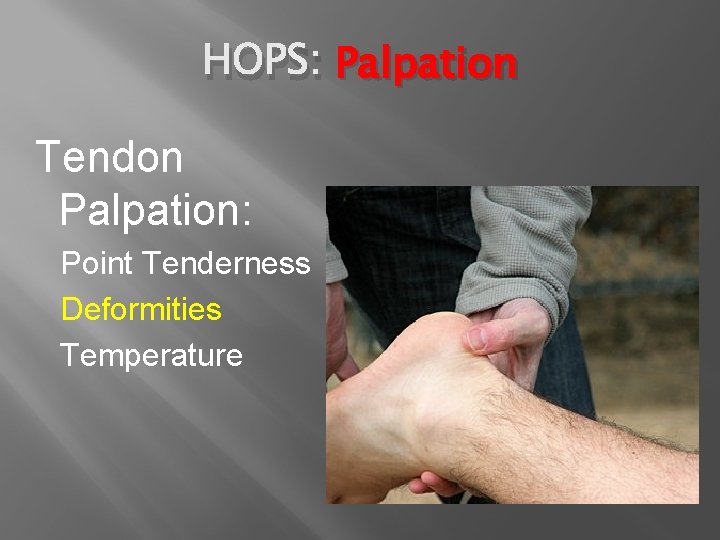 HOPS: Palpation Tendon Palpation: Point Tenderness Deformities Temperature 