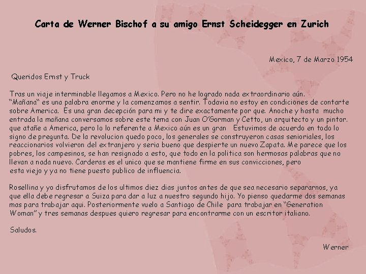 Carta de Werner Bischof a su amigo Ernst Scheidegger en Zurich Mexico, 7 de