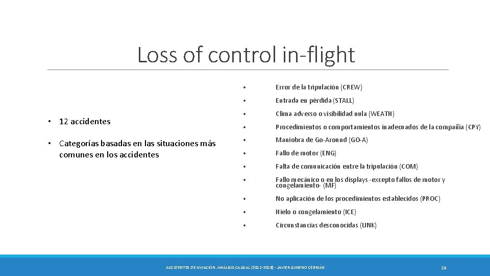 Loss of control in-flight • 12 accidentes • Categorías basadas en las situaciones más