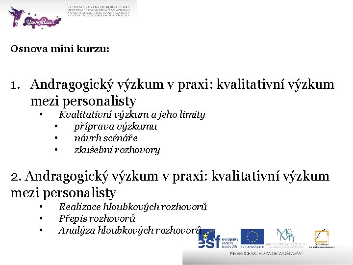 Osnova mini kurzu: 1. Andragogický výzkum v praxi: kvalitativní výzkum mezi personalisty • Kvalitativní