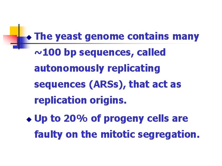 u The yeast genome contains many ~100 bp sequences, called autonomously replicating sequences (ARSs),