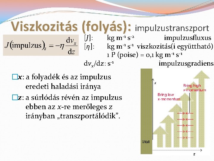 Viszkozitás (folyás): impulzustranszport [J]: [η]: kg m-1 s-2 impulzusfluxus kg m-1 s-1 viszkozitás(i együttható)