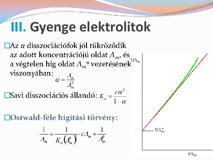 III. Gyenge elektrolitok �Az α disszociációfok jól tükröződik az adott koncentrációjú oldat Λm, és