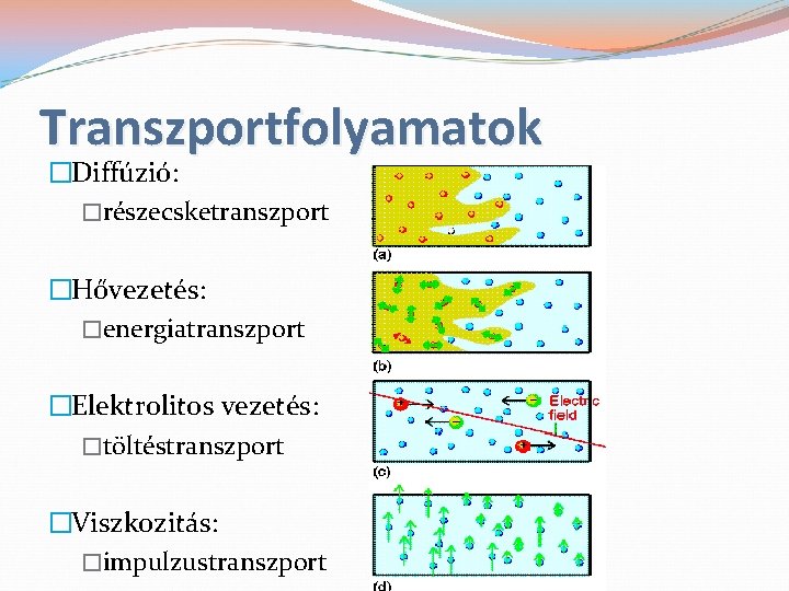 Transzportfolyamatok �Diffúzió: �részecsketranszport �Hővezetés: �energiatranszport �Elektrolitos vezetés: �töltéstranszport �Viszkozitás: �impulzustranszport 