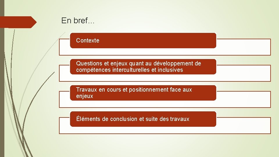 En bref… Contexte Questions et enjeux quant au développement de compétences interculturelles et inclusives