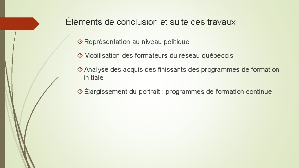 Éléments de conclusion et suite des travaux Représentation au niveau politique Mobilisation des formateurs