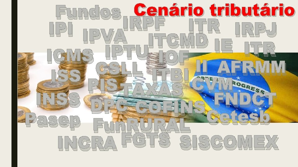 Fundos Cenário tributário IRPF ITR IRPJ IPI IPVA ITCMD IE ITR ICMS IPTU IOF