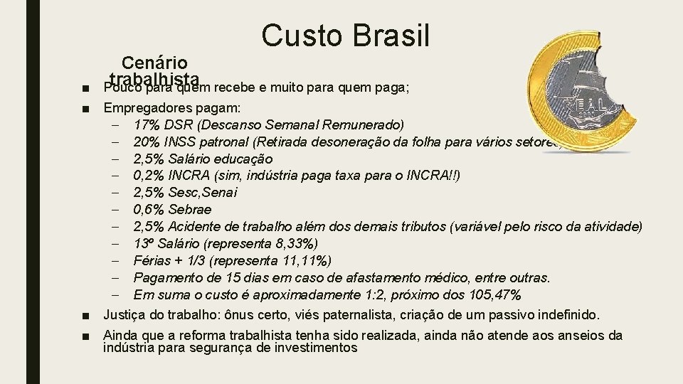 Custo Brasil Cenário trabalhista Pouco para quem recebe e muito para quem paga; ■