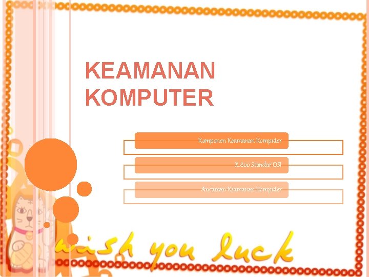 KEAMANAN KOMPUTER Komponen Keamanan Komputer X. 800 Standar OSI Ancaman Keamanan Komputer KEAMANAN KOMPUTER Komponen Keamanan Komputer X. 800 Standar OSI Ancaman Keamanan Komputer