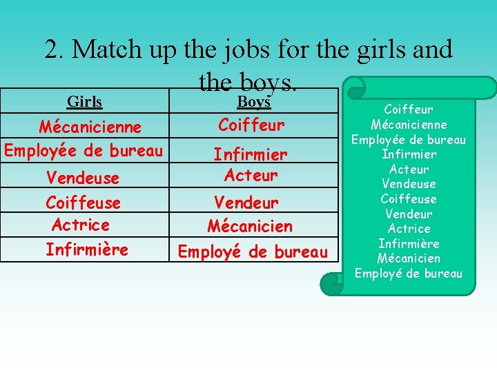 2. Match up the jobs for the girls and the boys. Girls Mécanicienne Employée