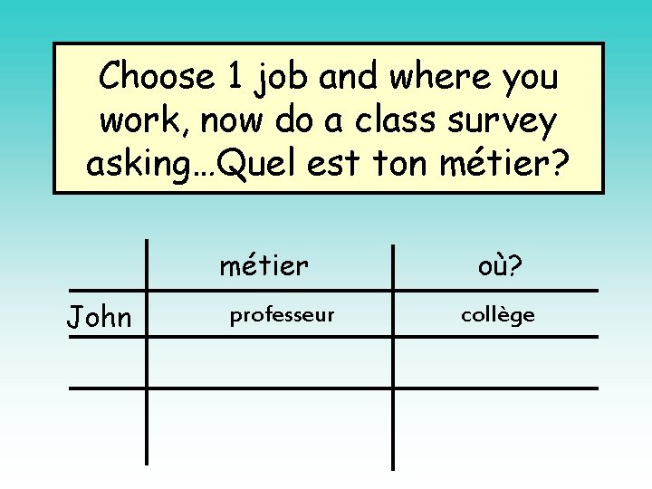 Choose 1 job and where you work, now do a class survey asking…Quel est