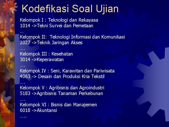 Kodefikasi Soal Ujian Kelompok I : Teknologi dan Rekayasa 1014 ->Tekni Survei dan Pemetaan