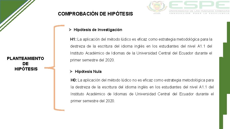 COMPROBACIÓN DE HIPÓTESIS Ø Hipótesis de Investigación H 1: La aplicación del método lúdico