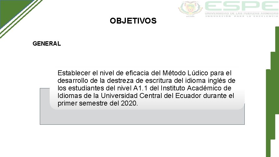 OBJETIVOS GENERAL Establecer el nivel de eficacia del Método Lúdico para el desarrollo de