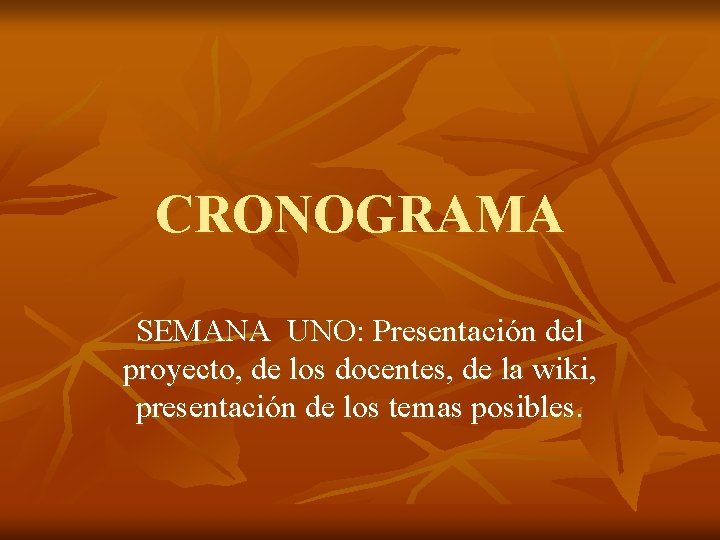 CRONOGRAMA SEMANA UNO Presentacin del proyecto de los