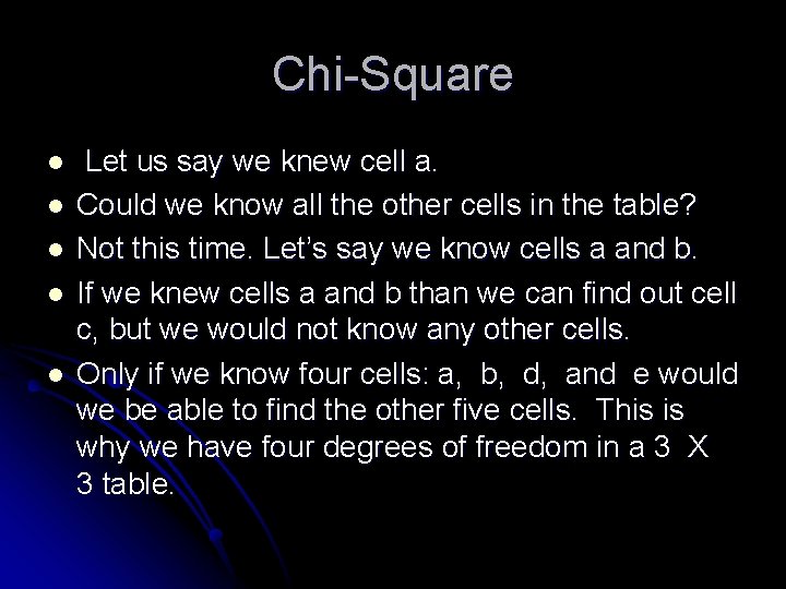 Chi-Square l l l Let us say we knew cell a. Could we know