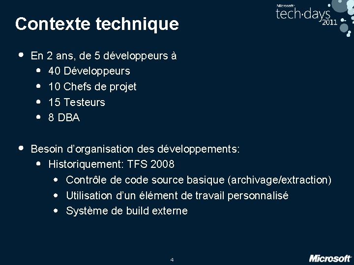 Contexte technique • En 2 ans, de 5 développeurs à • 40 Développeurs •