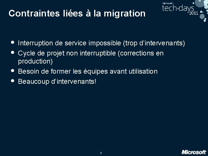 Contraintes liées à la migration • Interruption de service impossible (trop d’intervenants) • Cycle