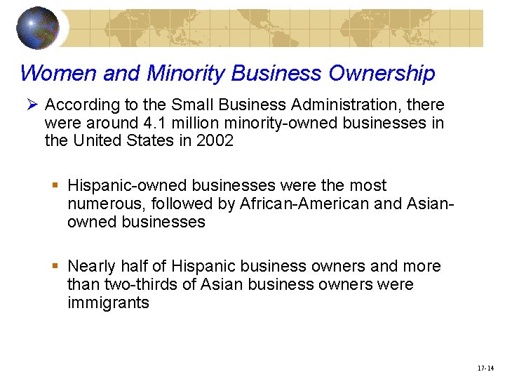 Women and Minority Business Ownership Ø According to the Small Business Administration, there were