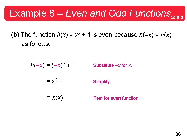 Example 8 – Even and Odd Functionscont’d (b) The function h(x) = x 2