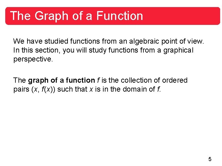 The Graph of a Function We have studied functions from an algebraic point of