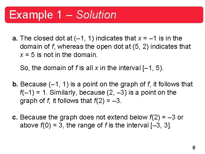 Example 1 – Solution a. The closed dot at (– 1, 1) indicates that