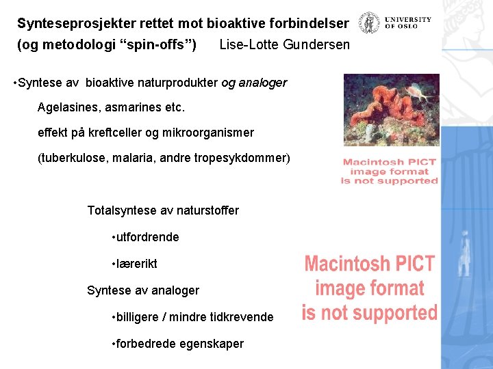 Synteseprosjekter rettet mot bioaktive forbindelser (og metodologi “spin-offs”) Lise-Lotte Gundersen • Syntese av bioaktive