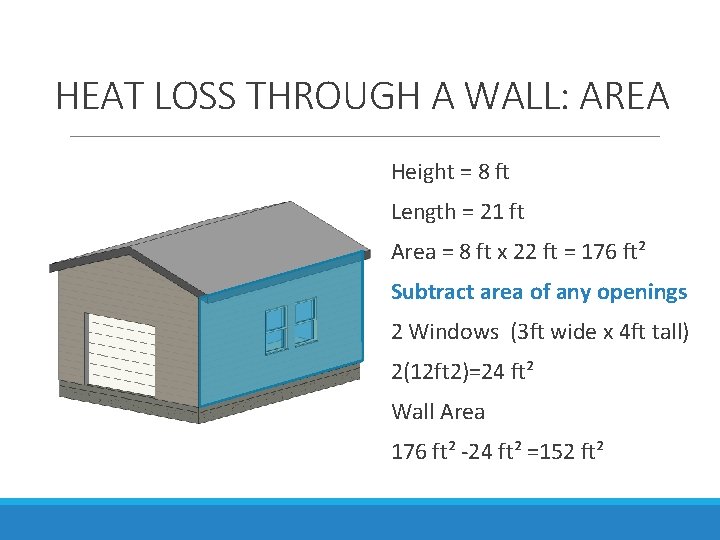 HEAT LOSS THROUGH A WALL: AREA Height = 8 ft Length = 21 ft