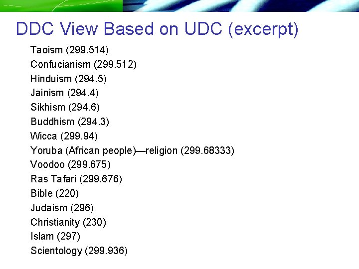 DDC View Based on UDC (excerpt) Taoism (299. 514) Confucianism (299. 512) Hinduism (294.
