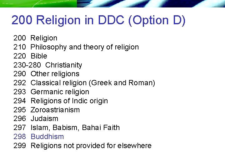 200 Religion in DDC (Option D) 200 Religion 210 Philosophy and theory of religion