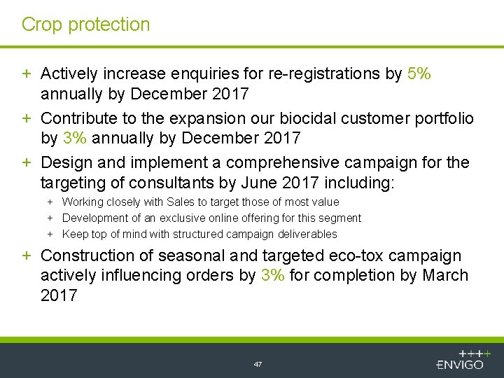 Crop protection + Actively increase enquiries for re-registrations by 5% annually by December 2017