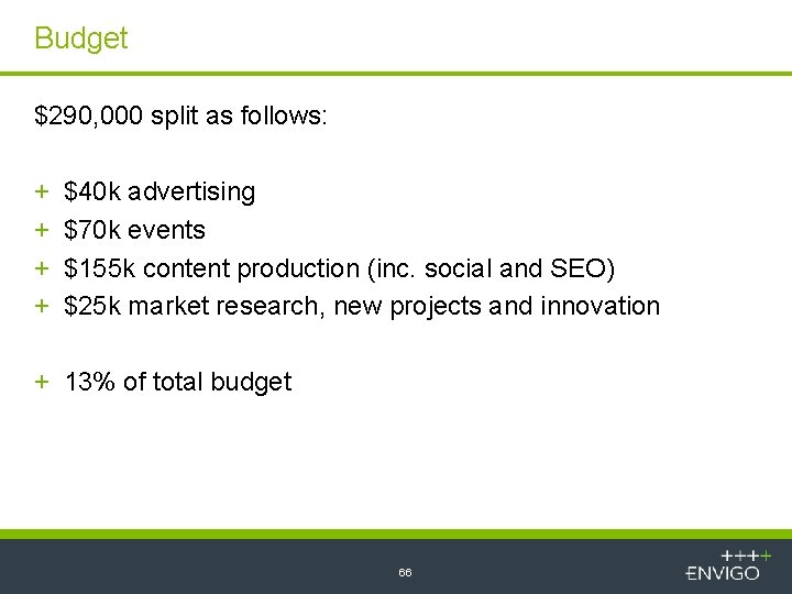 Budget $290, 000 split as follows: + + $40 k advertising $70 k events