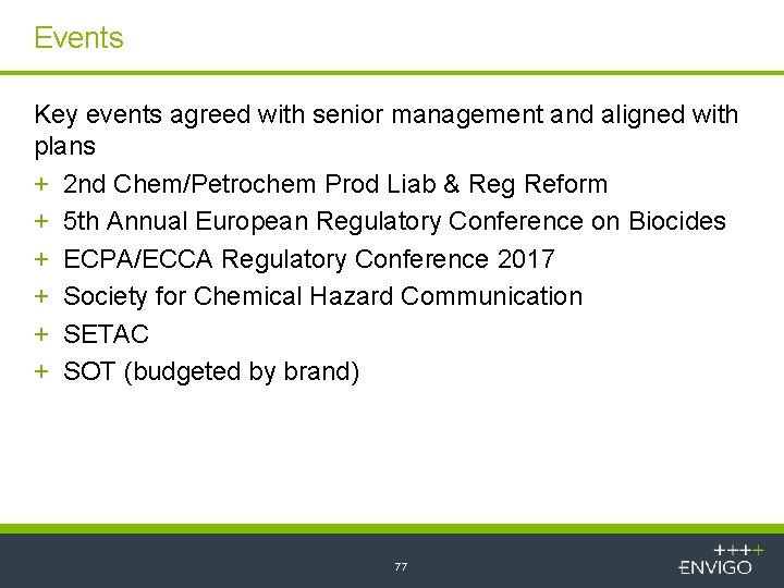 Events Key events agreed with senior management and aligned with plans + 2 nd