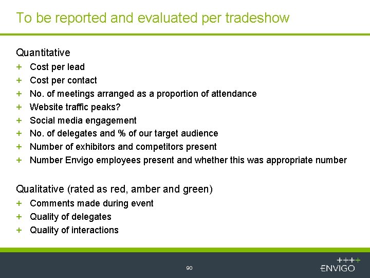 To be reported and evaluated per tradeshow Quantitative + + + + Cost per