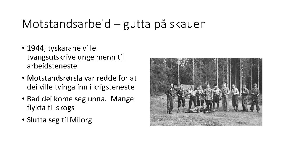 Motstandsarbeid – gutta på skauen • 1944; tyskarane ville tvangsutskrive unge menn til arbeidsteneste