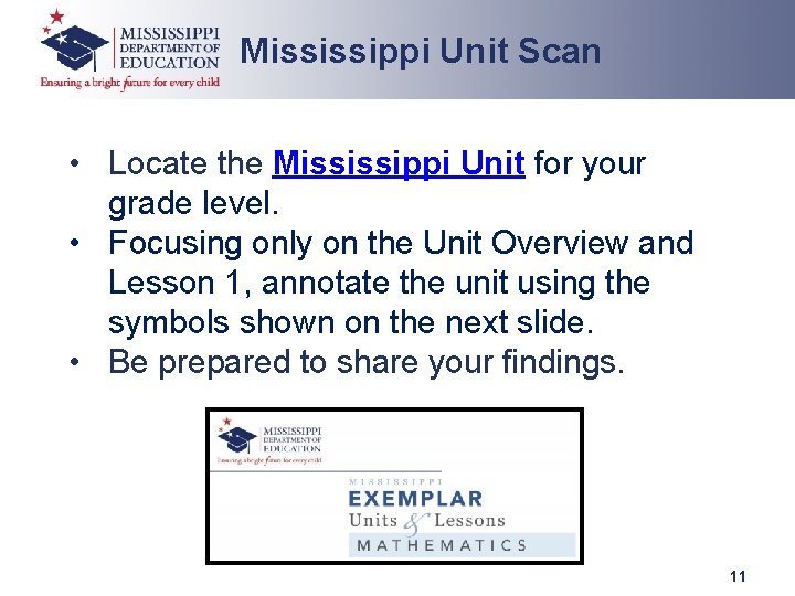 Mississippi Unit Scan • Locate the Mississippi Unit for your grade level. • Focusing