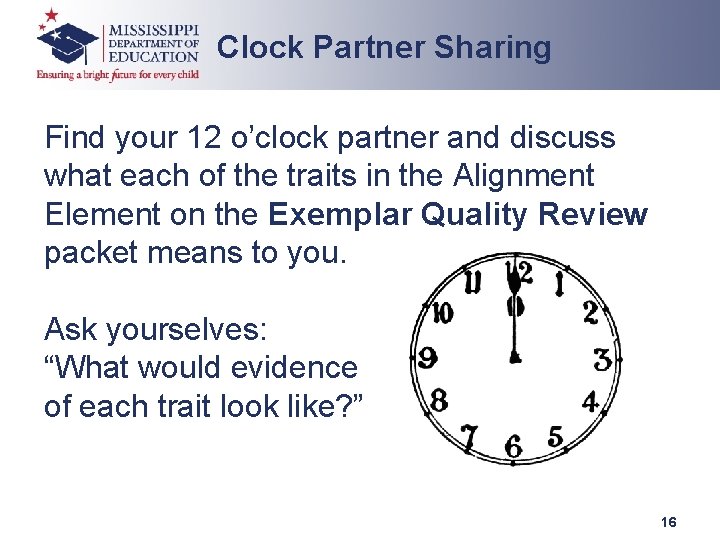 Clock Partner Sharing Find your 12 o’clock partner and discuss what each of the