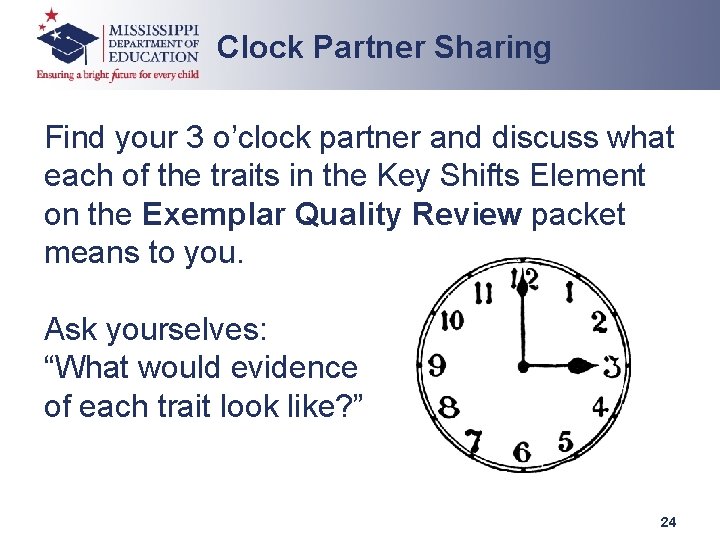 Clock Partner Sharing Find your 3 o’clock partner and discuss what each of the