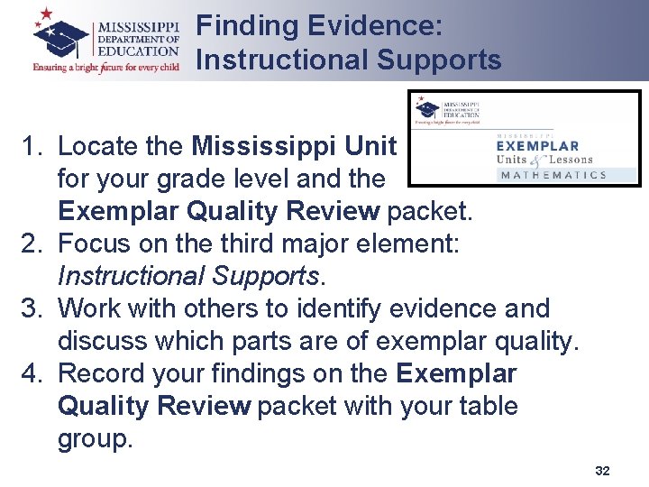 Finding Evidence: Instructional Supports 1. Locate the Mississippi Unit for your grade level and