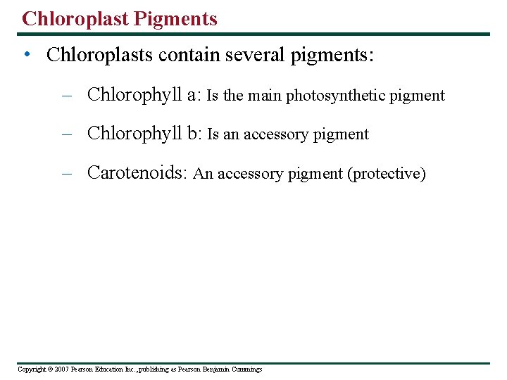 Chloroplast Pigments • Chloroplasts contain several pigments: – Chlorophyll a: Is the main photosynthetic