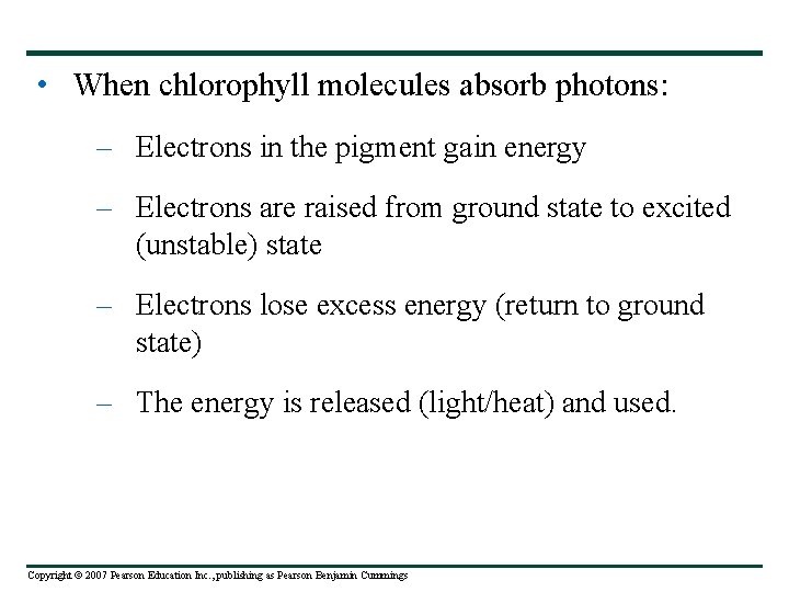  • When chlorophyll molecules absorb photons: – Electrons in the pigment gain energy
