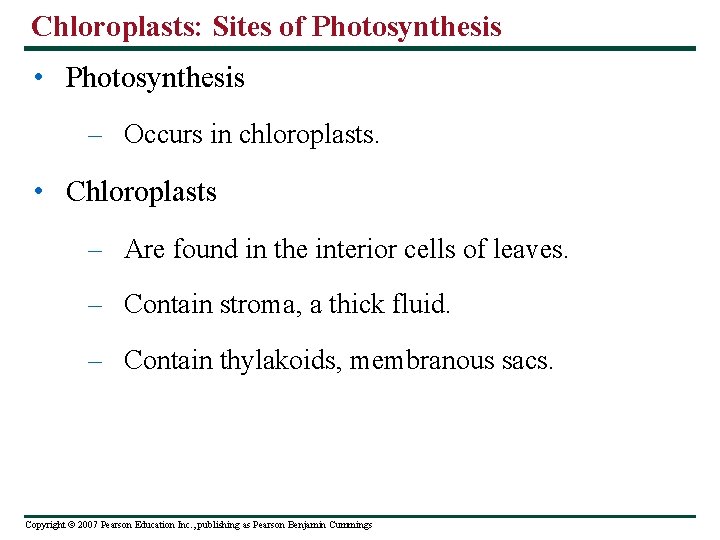 Chloroplasts: Sites of Photosynthesis • Photosynthesis – Occurs in chloroplasts. • Chloroplasts – Are