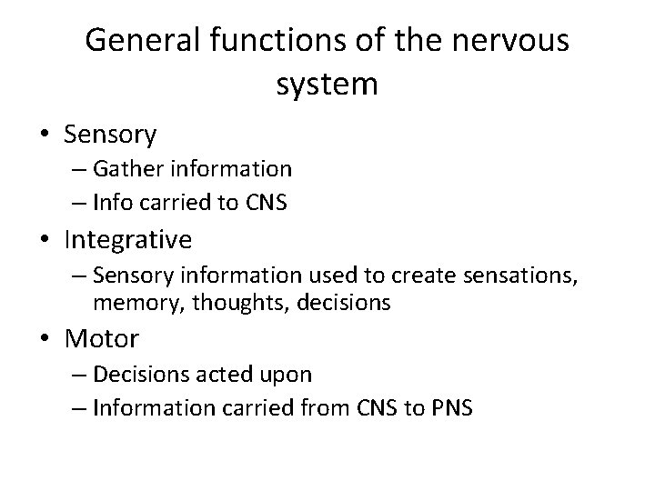 General functions of the nervous system • Sensory – Gather information – Info carried