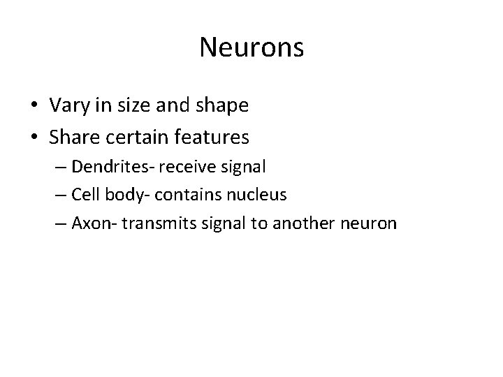 Neurons • Vary in size and shape • Share certain features – Dendrites- receive