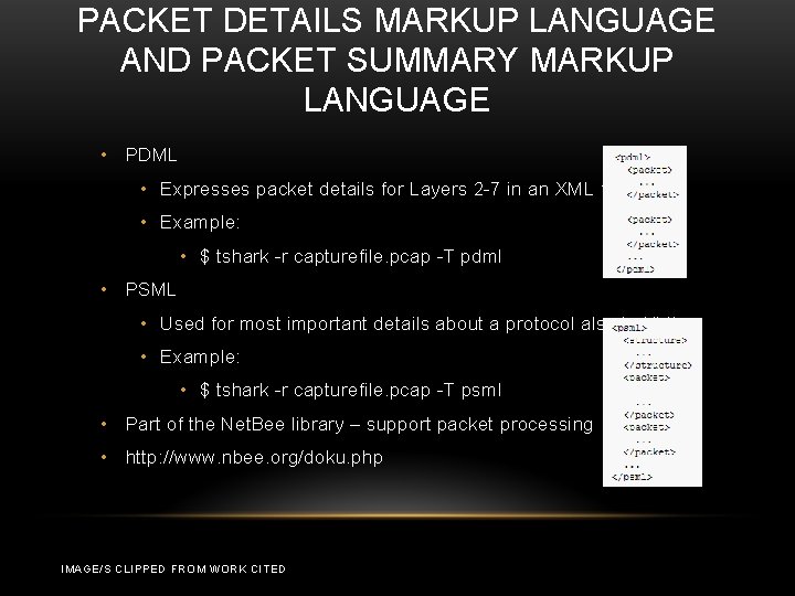 PACKET DETAILS MARKUP LANGUAGE AND PACKET SUMMARY MARKUP LANGUAGE • PDML • Expresses packet