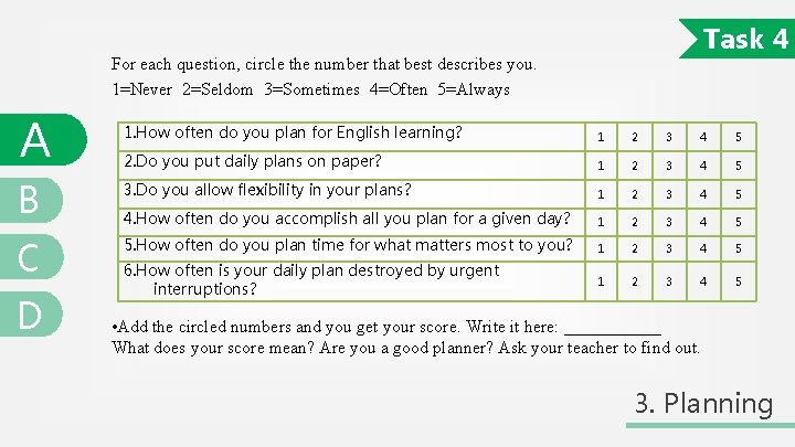 Task 4 For each question, circle the number that best describes you. 1=Never 2=Seldom