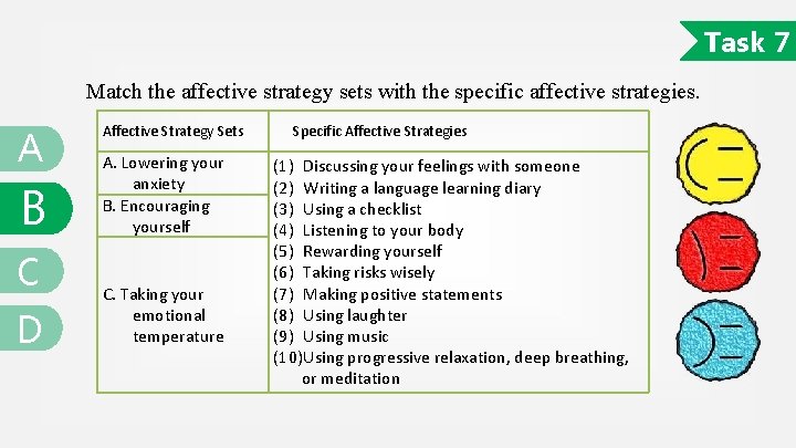 Task 7 Match the affective strategy sets with the specific affective strategies. A B