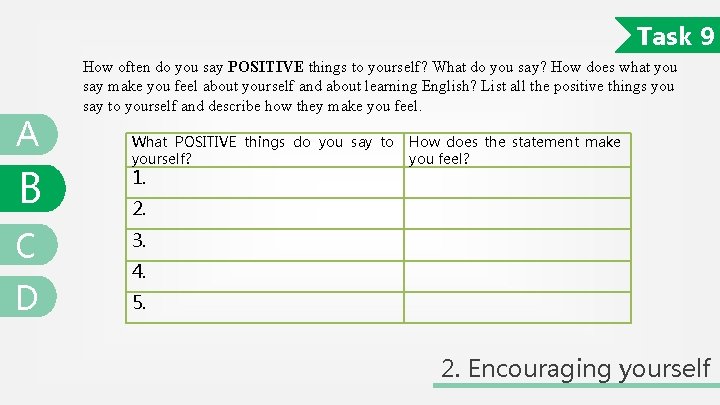 Task 9 A B How often do you say POSITIVE things to yourself? What