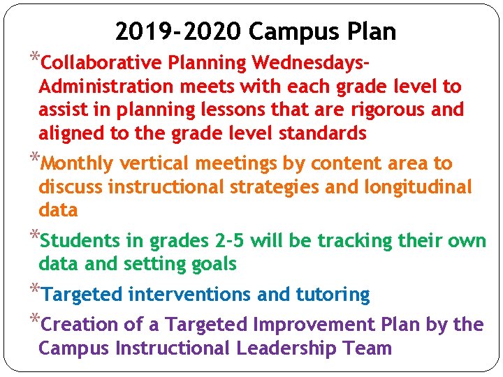 2019 -2020 Campus Plan *Collaborative Planning Wednesdays- Administration meets with each grade level to