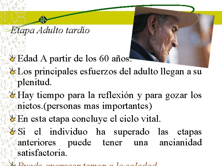 Etapa Adulto tardío Edad A partir de los 60 años. Los principales esfuerzos del